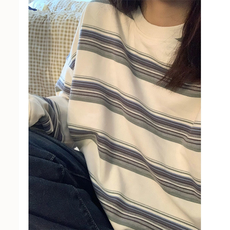 Japanese Style Milky White Striped Sweater Couple Idle Style Mid-length