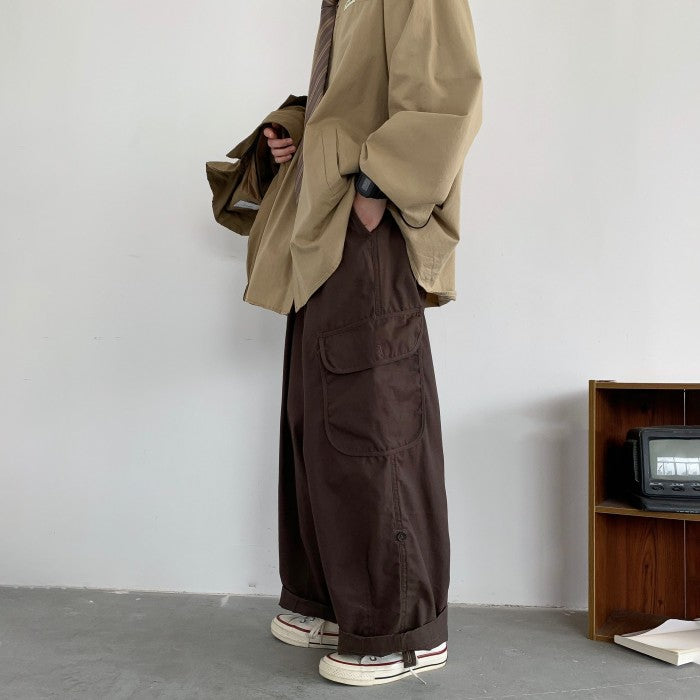 Japanese-style Retro Large Pocket Curling Wide-leg Overalls