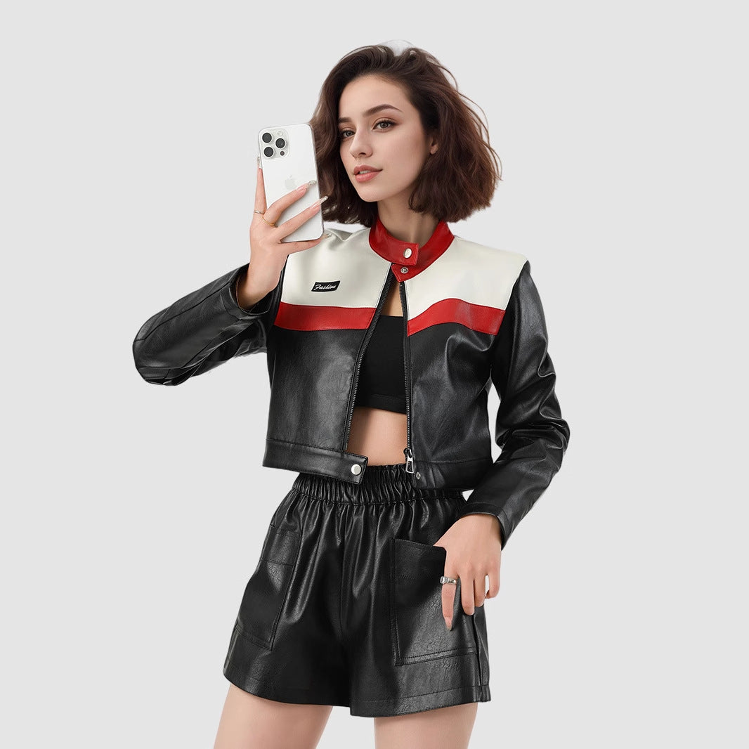 New Color Contrast Patchwork Motorcycle Clothing Pilot Jacket Short Version Coat