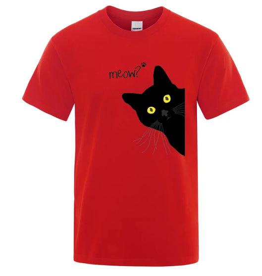 Black Cat Print Tee - Loose Street Style