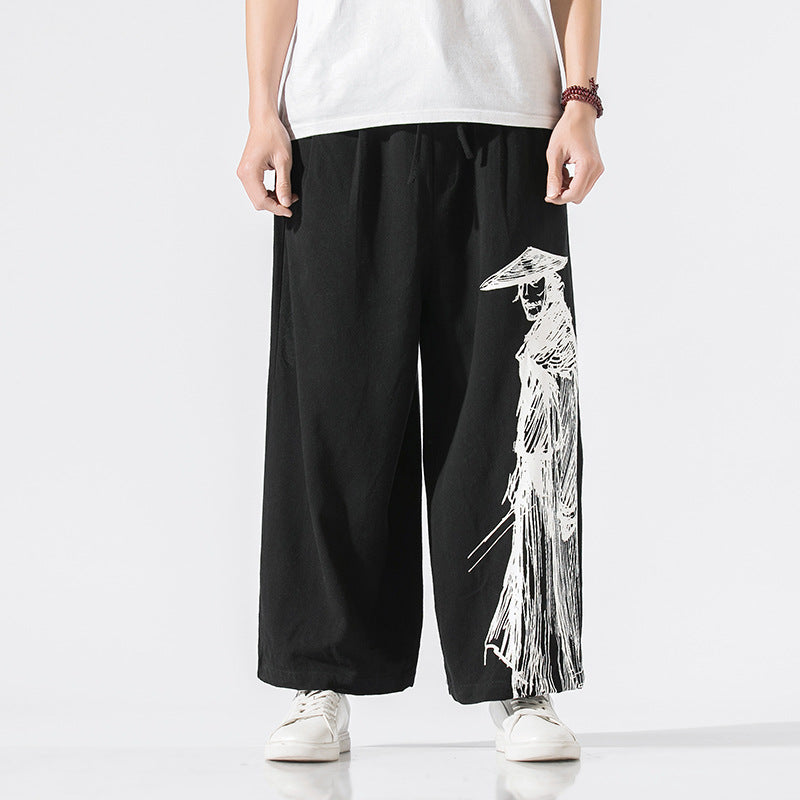 Japanese Style Oversized Pants Printed Linen Wide