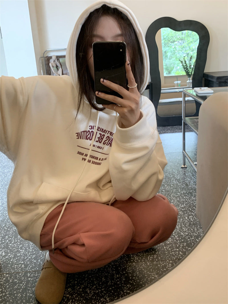 All-match Letter Print Hooded Pullover Sweater Coat