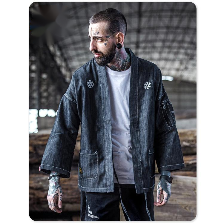 Japanese style embroidered denim kimono cardigan thin coat