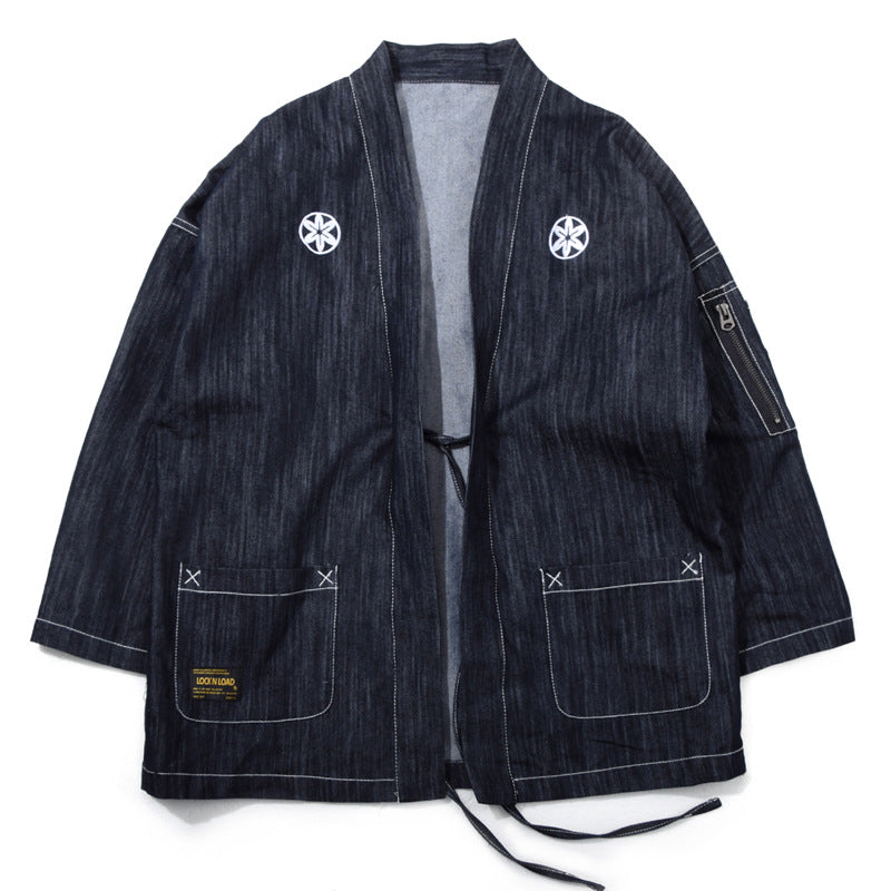 Japanese style embroidered denim kimono cardigan thin coat