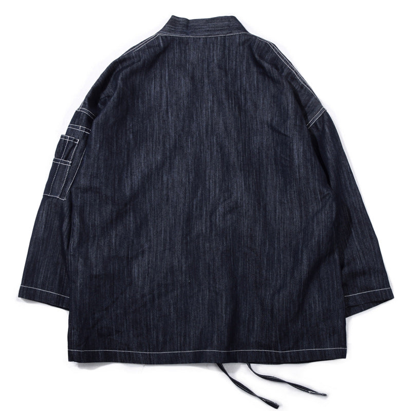 Japanese style embroidered denim kimono cardigan thin coat