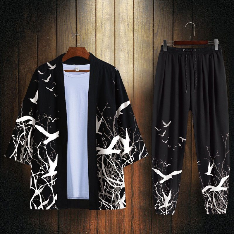 Chao Brand Wang Ye Dao Robe Men'S Hanfu Flying Bird Print Japanese Kimono Thin Feather Woven Sunscreen Clothes Coat