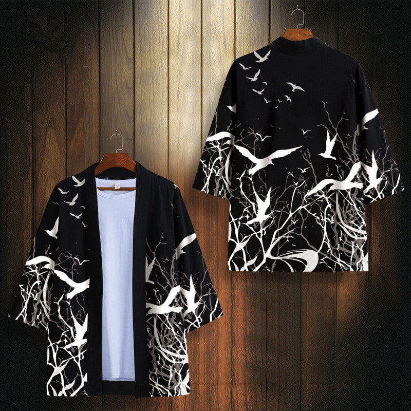 Chao Brand Wang Ye Dao Robe Men'S Hanfu Flying Bird Print Japanese Kimono Thin Feather Woven Sunscreen Clothes Coat