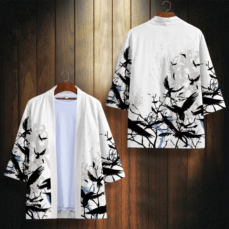 Chao Brand Wang Ye Dao Robe Men'S Hanfu Flying Bird Print Japanese Kimono Thin Feather Woven Sunscreen Clothes Coat
