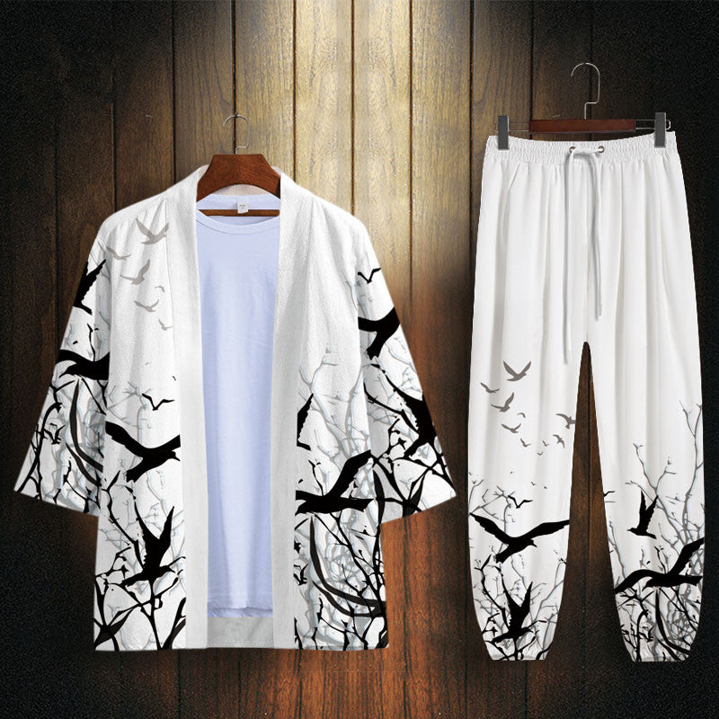 Chao Brand Wang Ye Dao Robe Men'S Hanfu Flying Bird Print Japanese Kimono Thin Feather Woven Sunscreen Clothes Coat