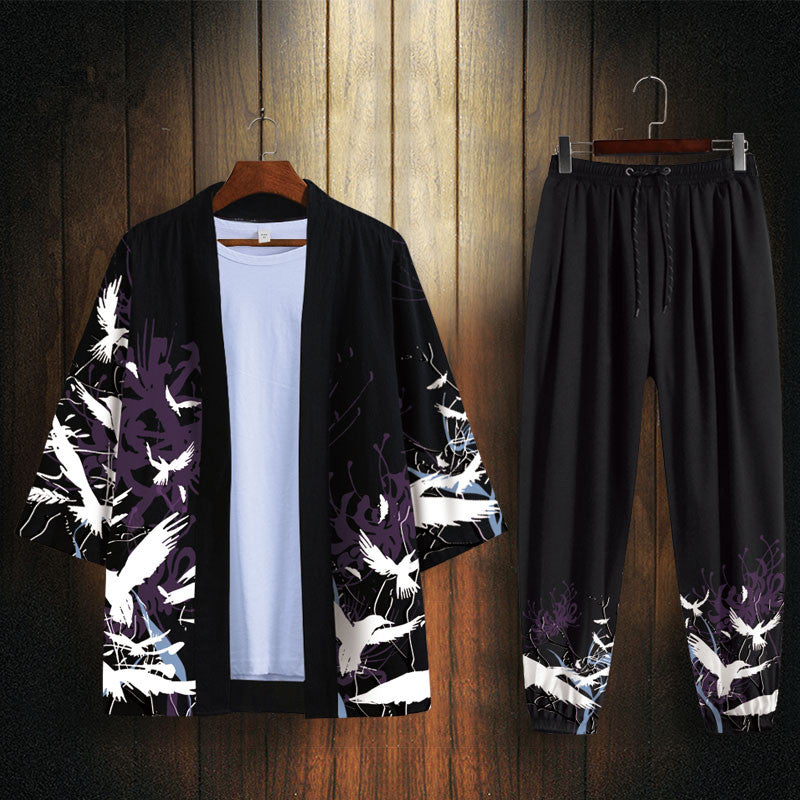 Chao Brand Wang Ye Dao Robe Men'S Hanfu Flying Bird Print Japanese Kimono Thin Feather Woven Sunscreen Clothes Coat