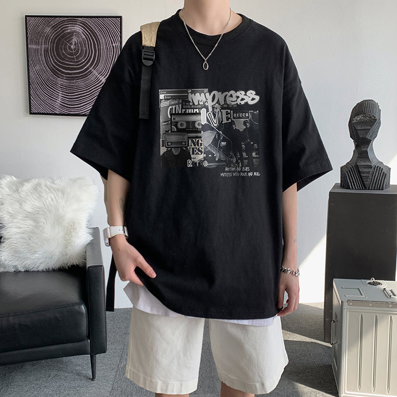 Trendy Brand Large Size Japanese Round Neck Printed Loose Clothes Half Sleeves