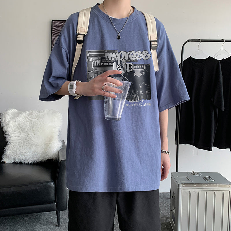 Trendy Brand Large Size Japanese Round Neck Printed Loose Clothes Half Sleeves