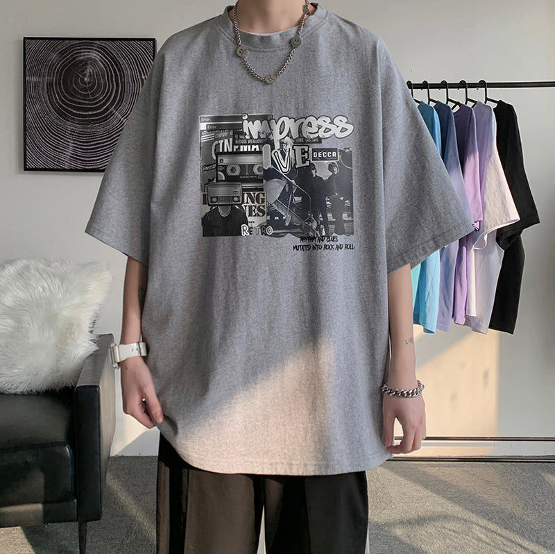 Trendy Brand Large Size Japanese Round Neck Printed Loose Clothes Half Sleeves