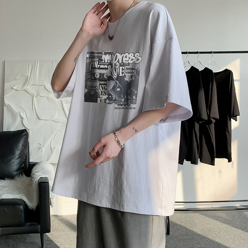 Trendy Brand Large Size Japanese Round Neck Printed Loose Clothes Half Sleeves