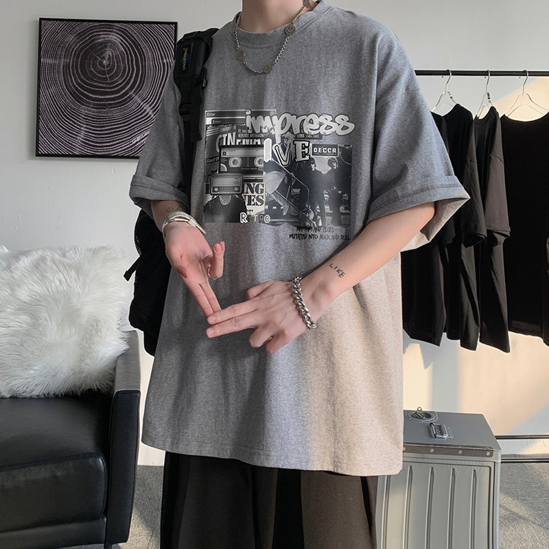 Trendy Brand Large Size Japanese Round Neck Printed Loose Clothes Half Sleeves