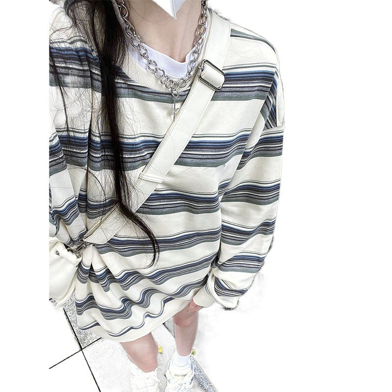 Japanese Style Milky White Striped Sweater Couple Idle Style Mid-length