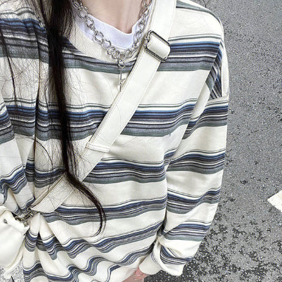 Japanese Style Milky White Striped Sweater Couple Idle Style Mid-length