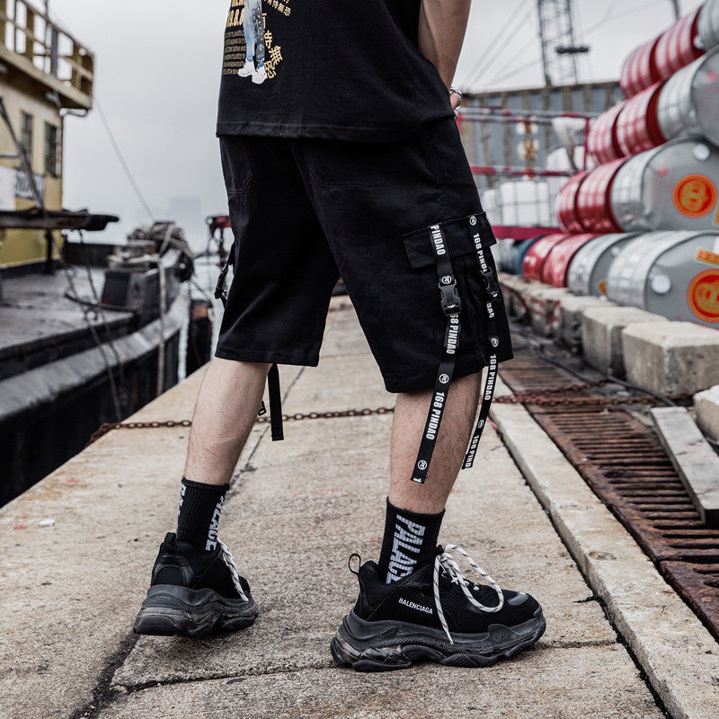 Japanese retro tooling style solid color streamer shorts