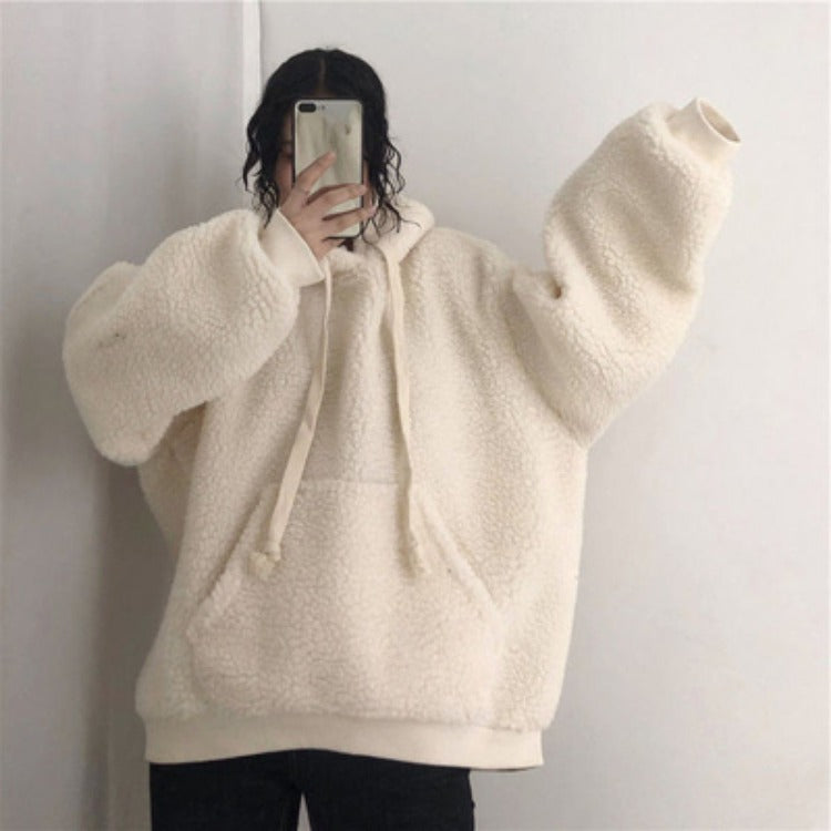 Kapuzenpullover aus Fleece, Imitationslammleder