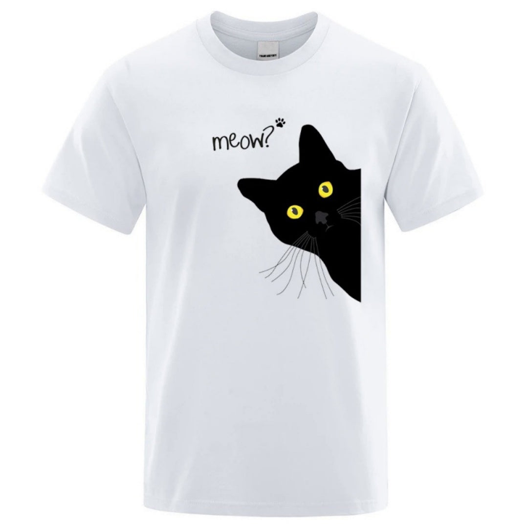 Black Cat Print Tee - Loose Street Style