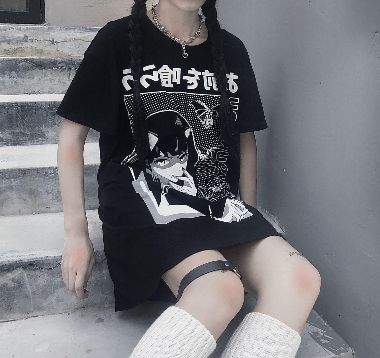 Long Printed Oversized Tee - Loose Round Neck