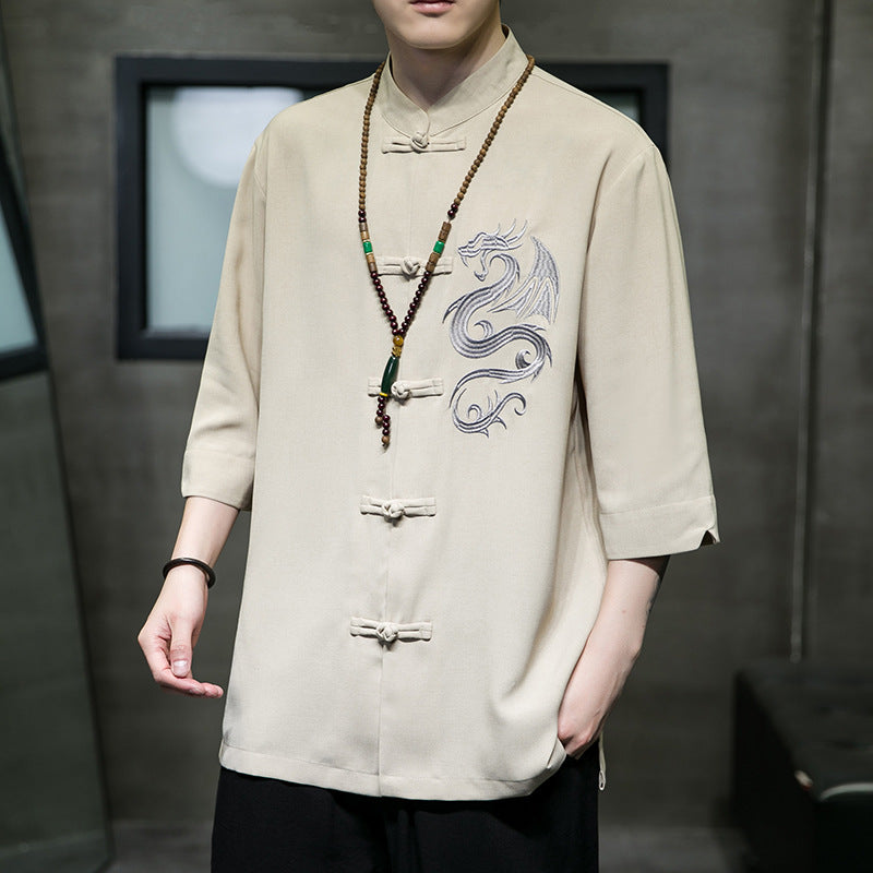 Ice Silk Hanfu Shirt - Frog Button Oversized Tee