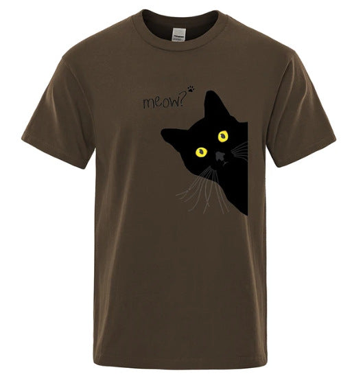 Black Cat Print Tee - Loose Street Style