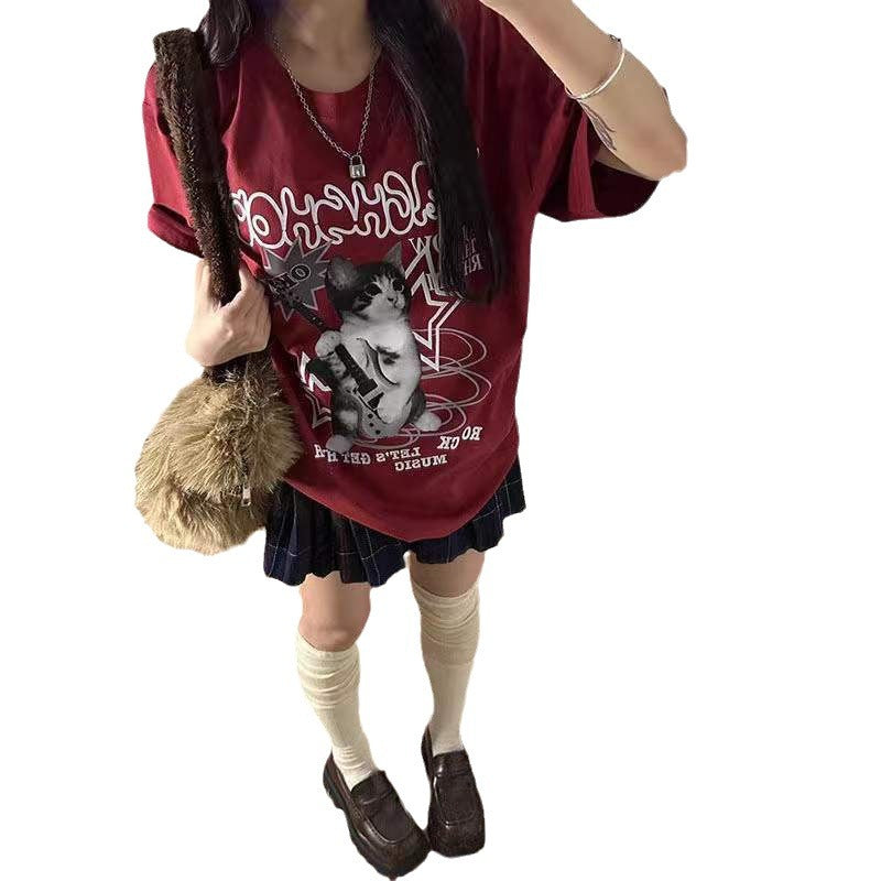 Pure Cotton Japanese Style Alphabet Wine Red Short Sleeve