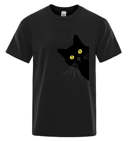 Black Cat Print Tee - Loose Street Style