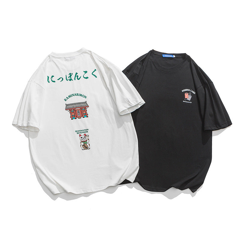 Back Printed Round Neck T-shirt Japanese Style