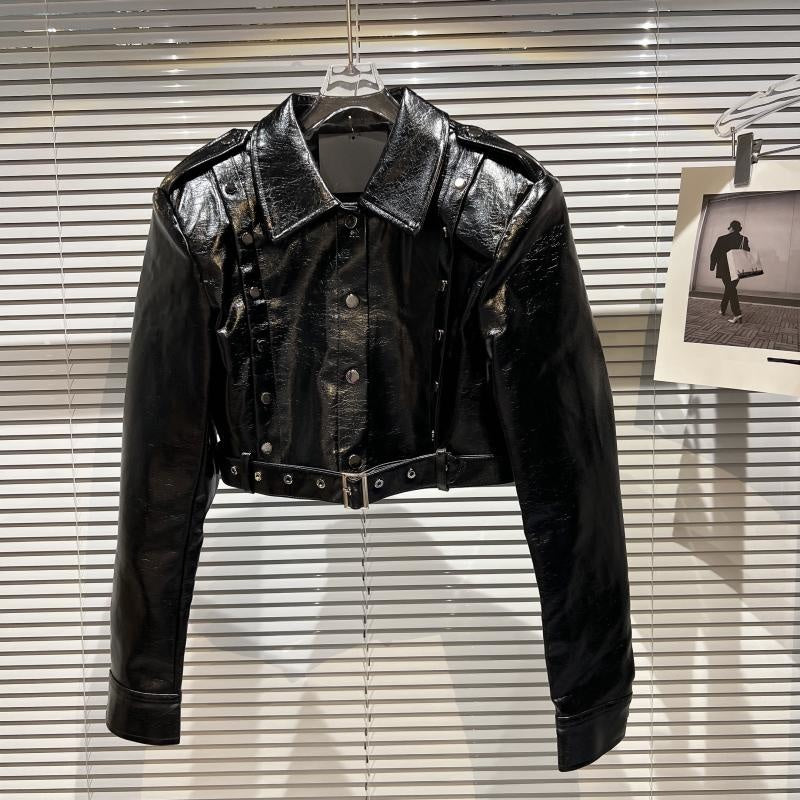 Women's Short Motorcycle Leather Jacket With High Waist And Slim Skirt Set