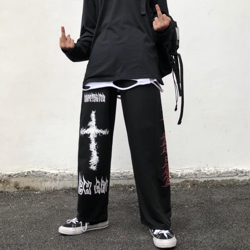 Japanese Dark Black Graffiti Straight Wide Leg Sanitary Pants Male