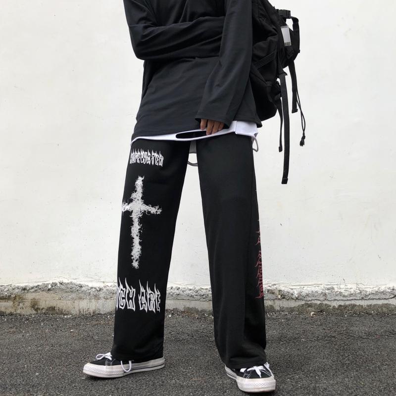 Japanese Dark Black Graffiti Straight Wide Leg Sanitary Pants Male