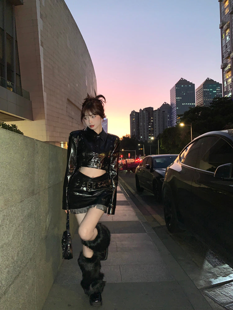 Women's Short Motorcycle Leather Jacket With High Waist And Slim Skirt Set