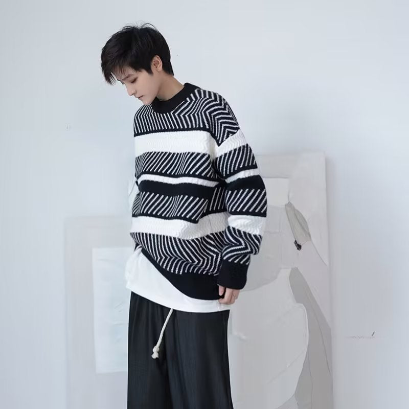Japanese Style Lazy Style Jacquard Three-dimensional Striped Sweater For Men