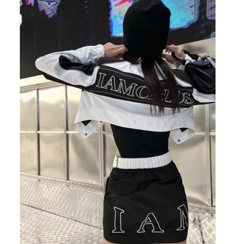 Motorcycle Jacket Coat Top High Waist Short Skirt Two-piece Set