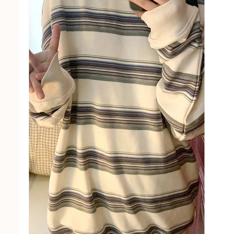 Japanese Style Milky White Striped Sweater Couple Idle Style Mid-length