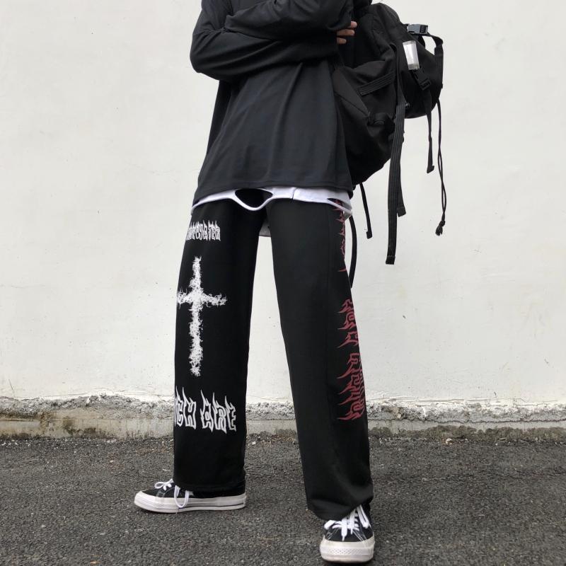 Japanese Dark Black Graffiti Straight Wide Leg Sanitary Pants Male