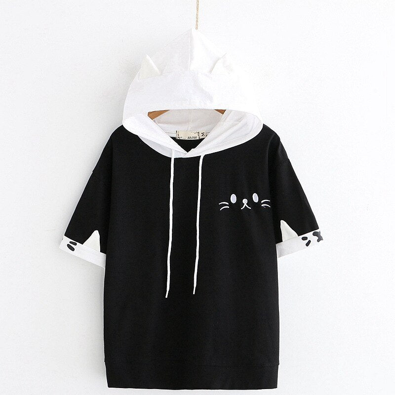 Japanese College Style Cat Beard Embroidery Short Sleeves