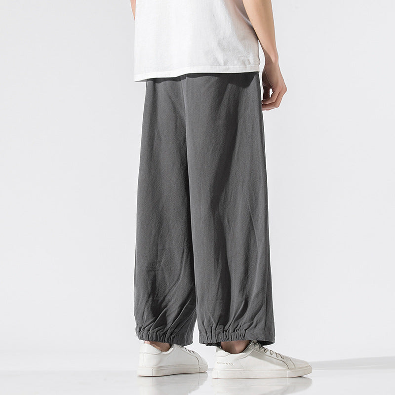 Übergroße Hose im japanischen Stil, bedrucktes Leinen, weit