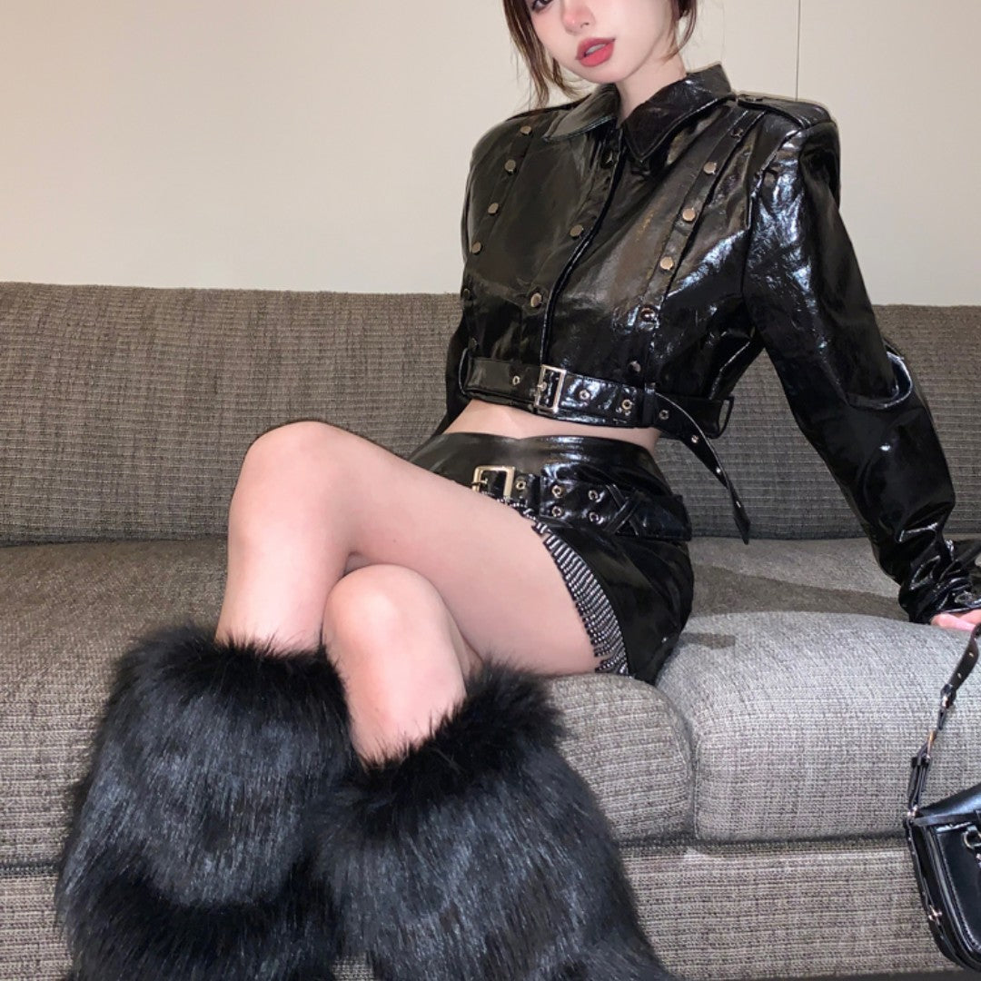 Women's Short Motorcycle Leather Jacket With High Waist And Slim Skirt Set