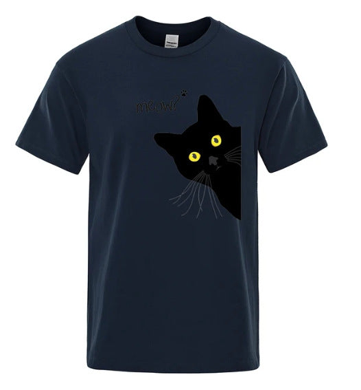 Black Cat Print Tee - Loose Street Style