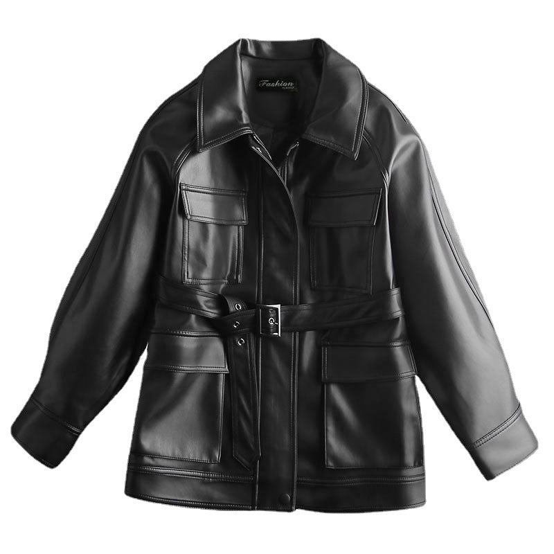 Women's Casual Leather Jacket Motorcycle Wear Loose Coat