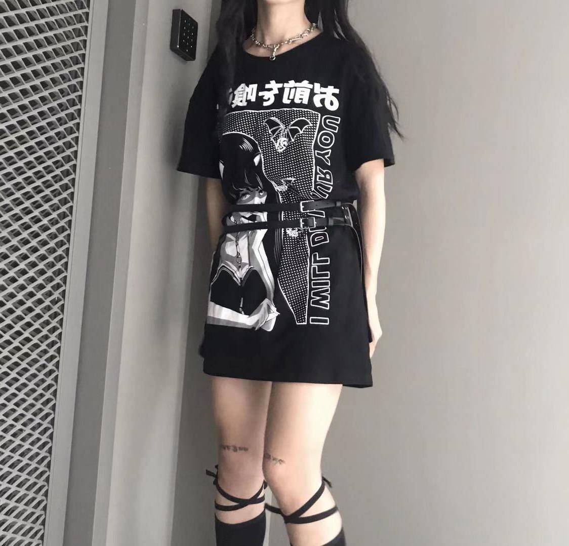 Long Printed Oversized Tee - Loose Round Neck