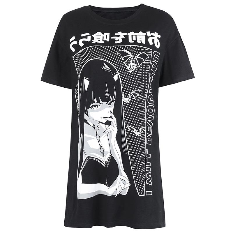 Long Printed Oversized Tee - Loose Round Neck