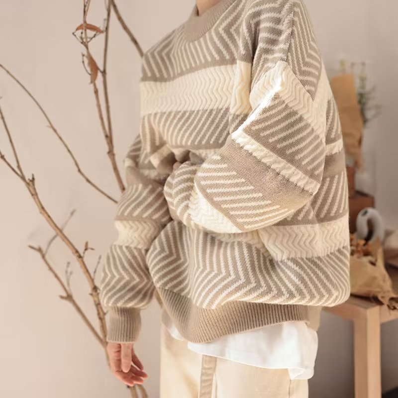 Japanese Style Lazy Style Jacquard Three-dimensional Striped Sweater For Men