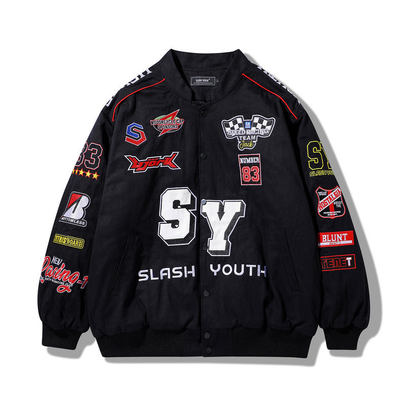 Men Retro Embroidered Patch Racing Street Hip Hop Motorcycle Suit Jacket