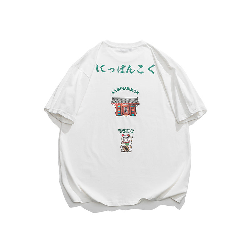 Back Printed Round Neck T-shirt Japanese Style