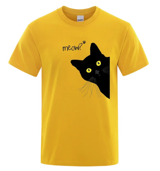 Black Cat Print Tee - Loose Street Style