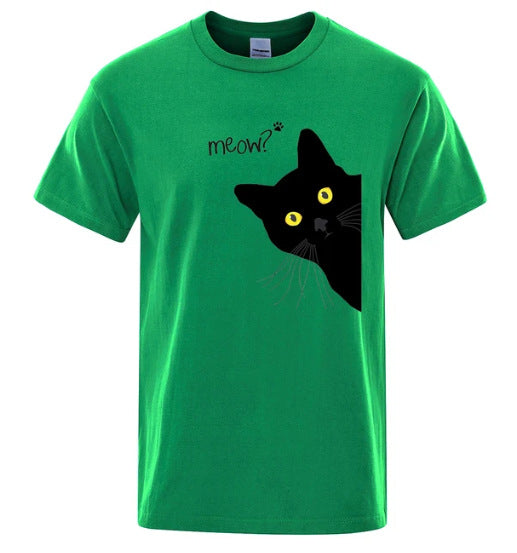 Black Cat Print Tee - Loose Street Style